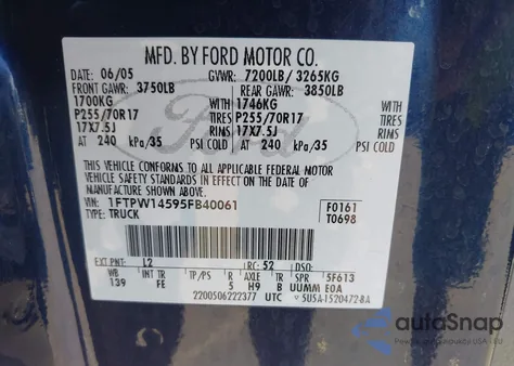 2005 Ford F-150 Fx4/Lariat/Xlt from USA, damaged, VIN 1FTPW14595FB40061